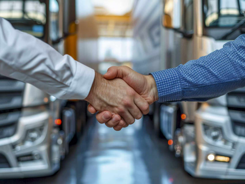 Zwei Männer geben einander die Hand. Im Hintergrund 2 LKW´s